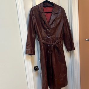 Vintage burgundy leather trench coat, small